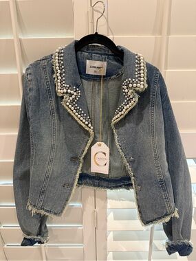 Dreamers Pearl-Trim Frayed Blue Denim Jacket